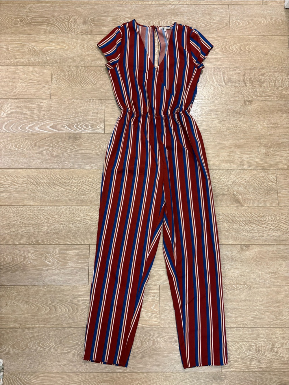Charlotte Russe Burgundy, Blue & White Vertical Stripe Jumpsuit